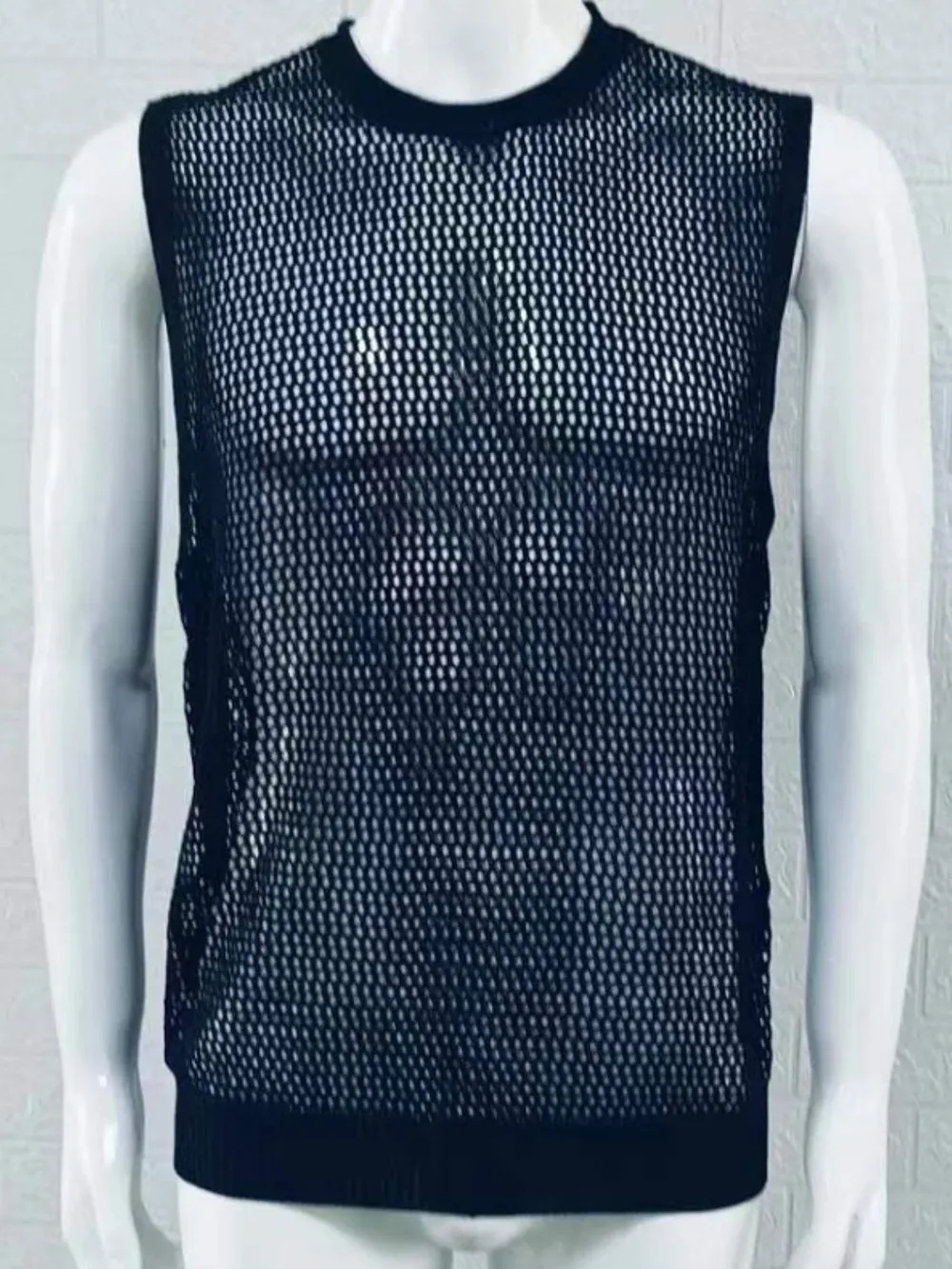 Men's Openwork Round Neck Sleeveless Knit Top, image 5