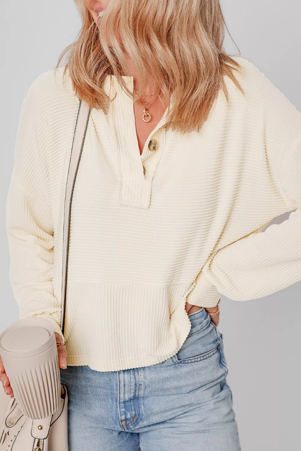 Corded Texture Lantern Sleeve Buttons Henley Sweatsuit, image 6