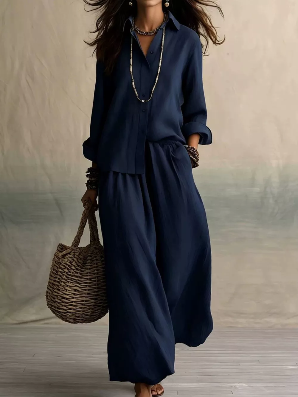 Full Size Button Up Shirt and Wide-Leg Pants Set Plus Size, image 7