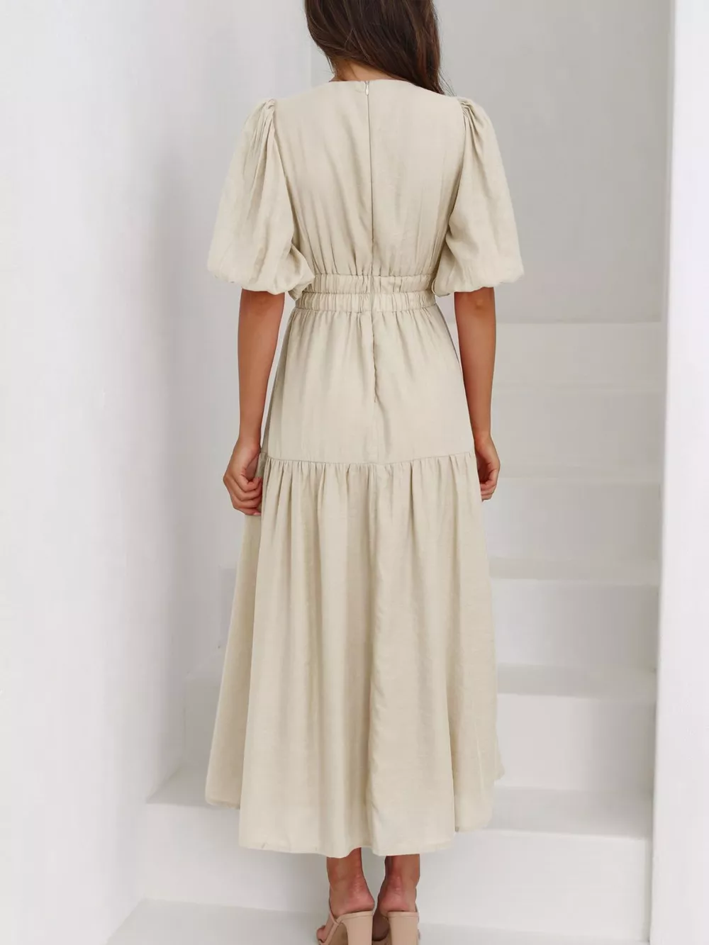 Elegant Puff Sleeve V-Neck Midi Dress, image 4