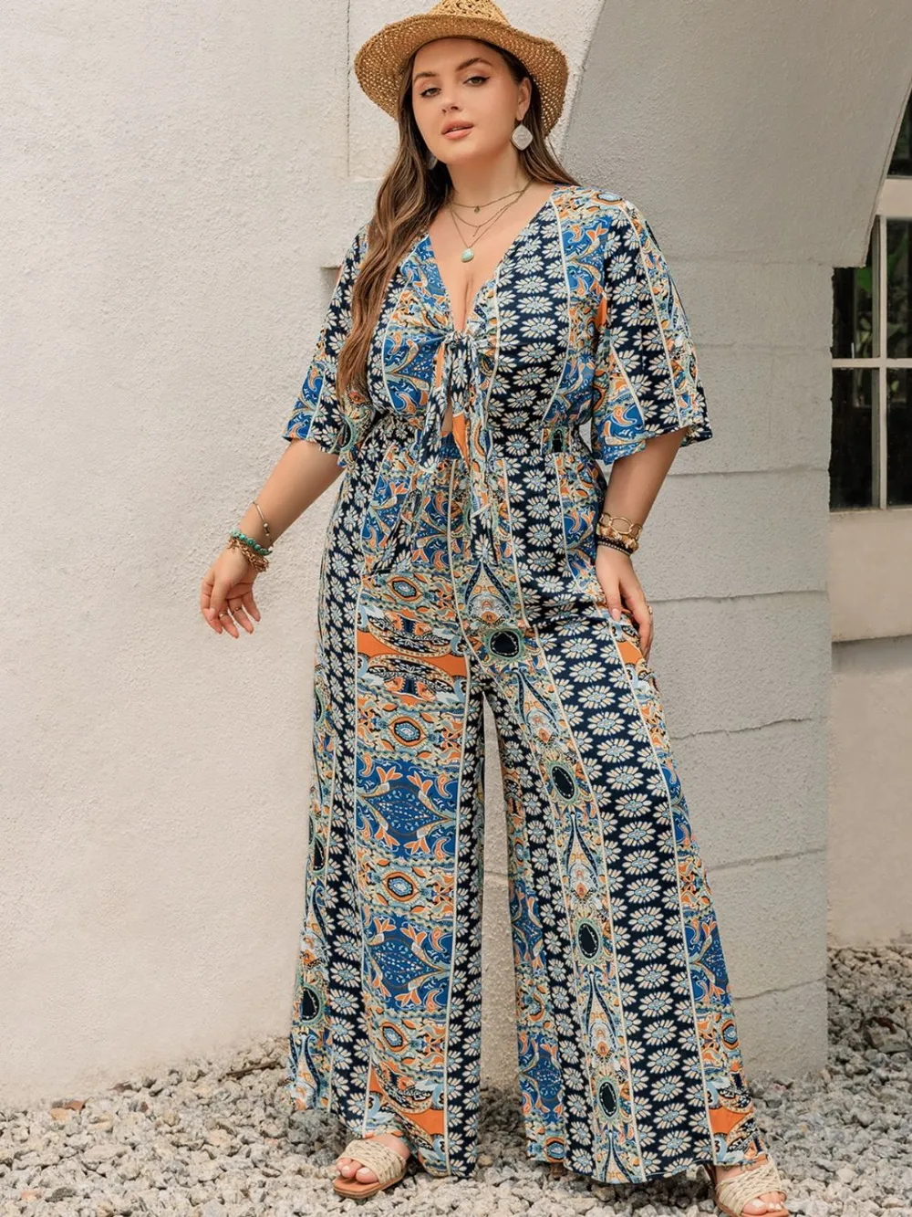 Plus Size Printed Half Sleeve Wide Leg Jumpsuit, image 6