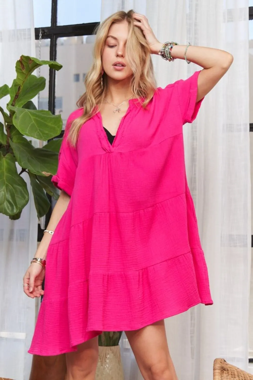 Tiered Notched Short Sleeve Dress, image 3