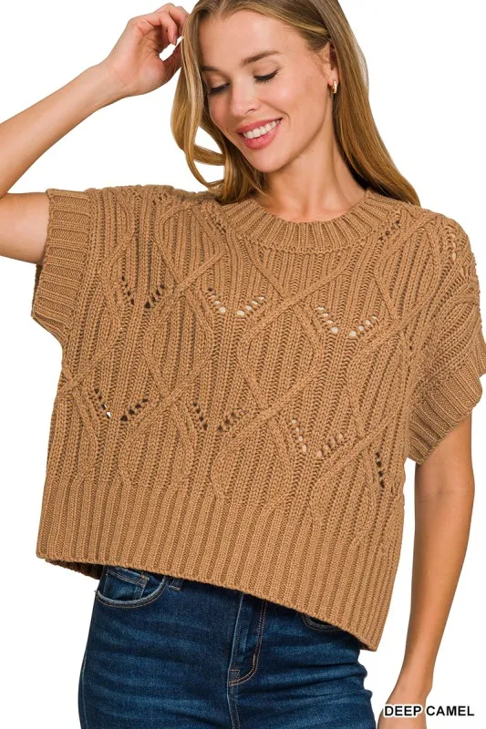 Cable Knit Short Sleeve Sweater, image 2