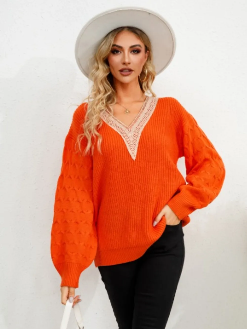 V-Neck Dropped Shoulder Long Sleeve Sweater, image 3