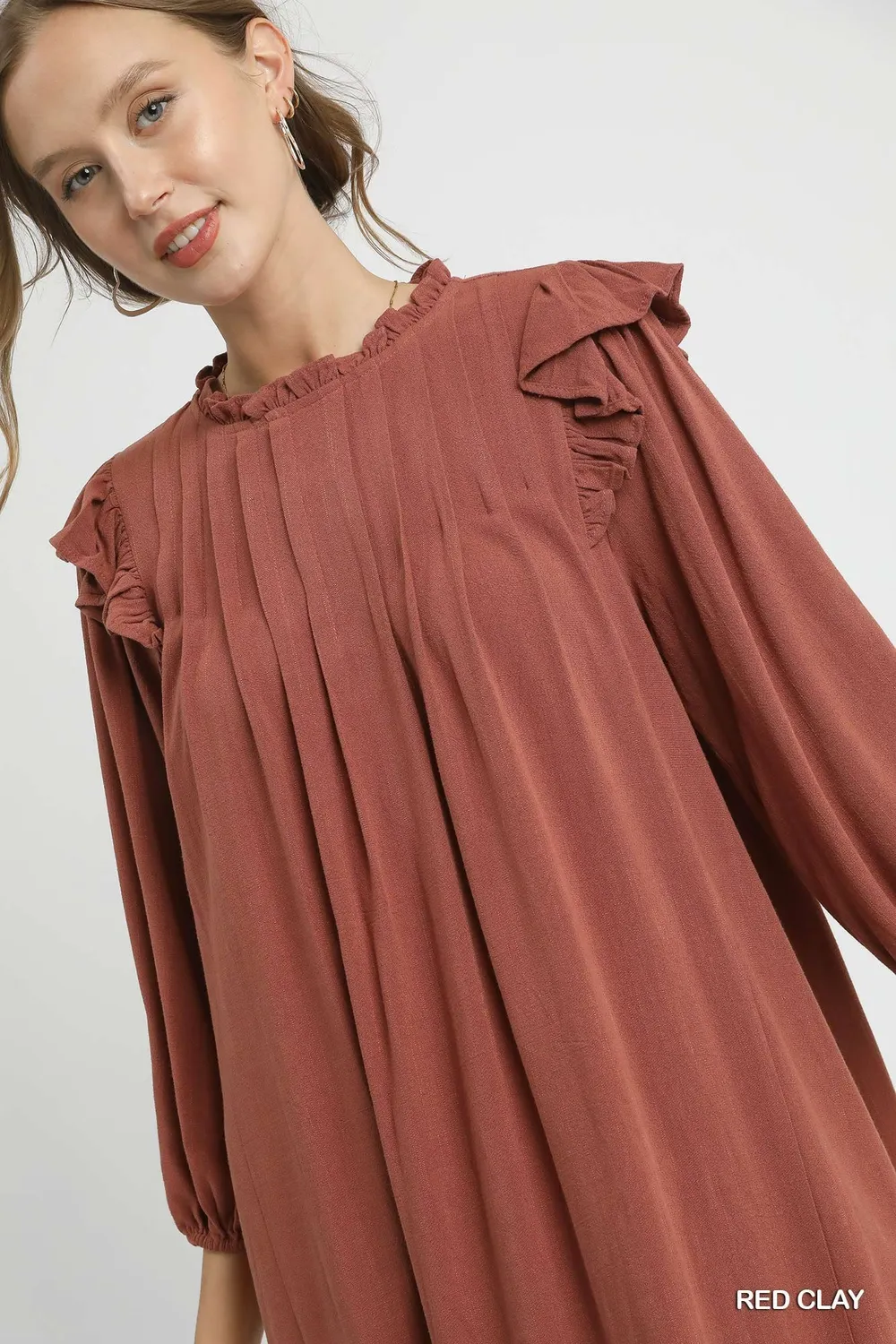 Linen Ruffle Shoulder Pleated Babydoll Dress, image 5
