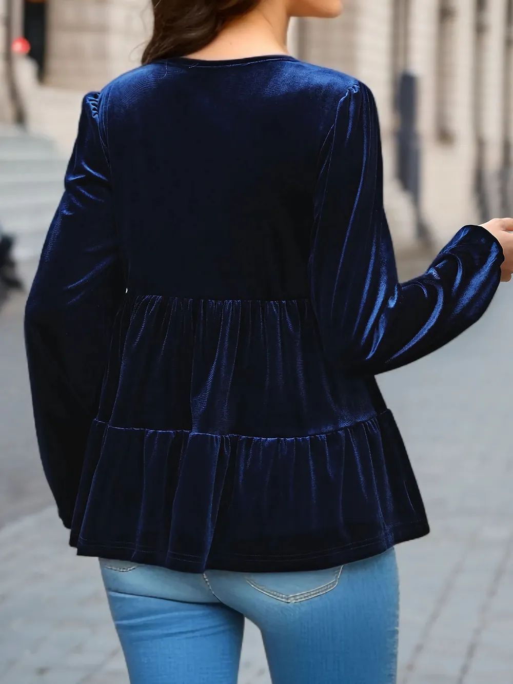 V-Neck Balloon Sleeve Peplum Blouse, image 5