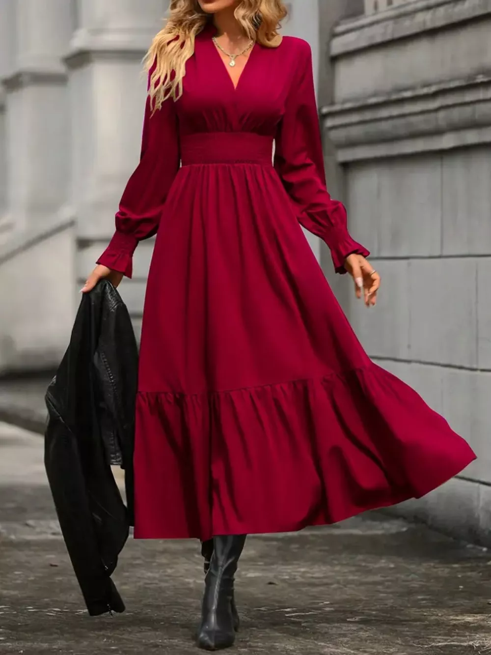 Surplice Long Sleeve Tiered Midi Dress, image 15