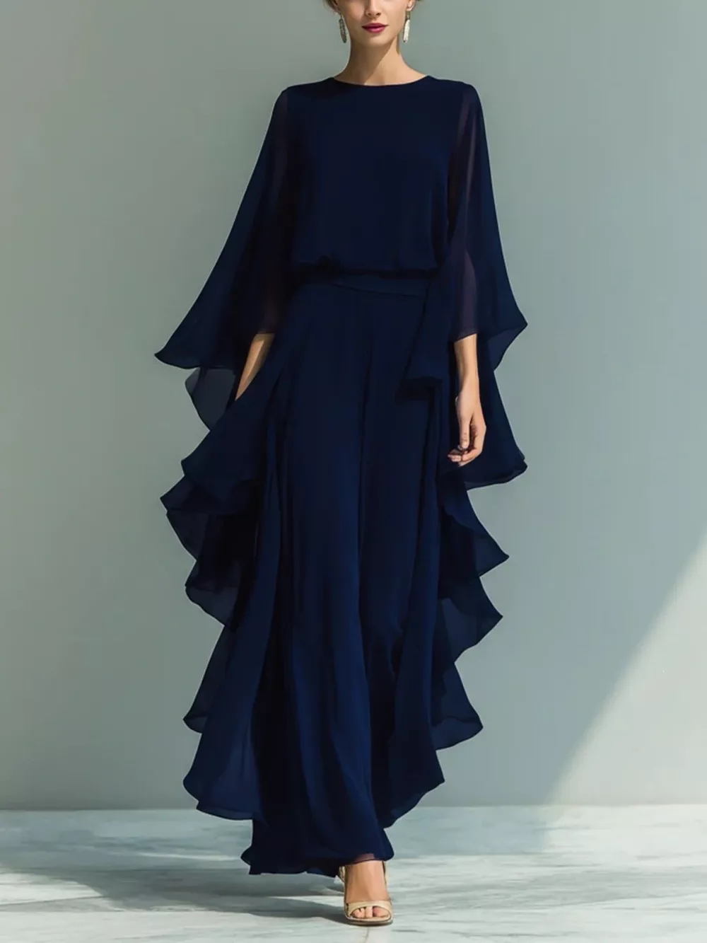 Ruffled Chiffon Long Sleeve Top and Pants Set, image 4