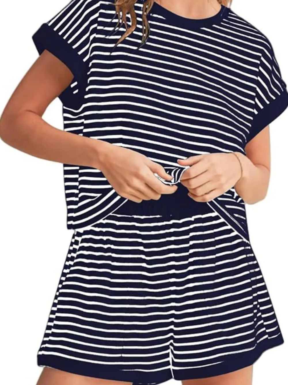 Full Size Contrast Striped T-Shirt and Shorts Set Plus Size, image 10
