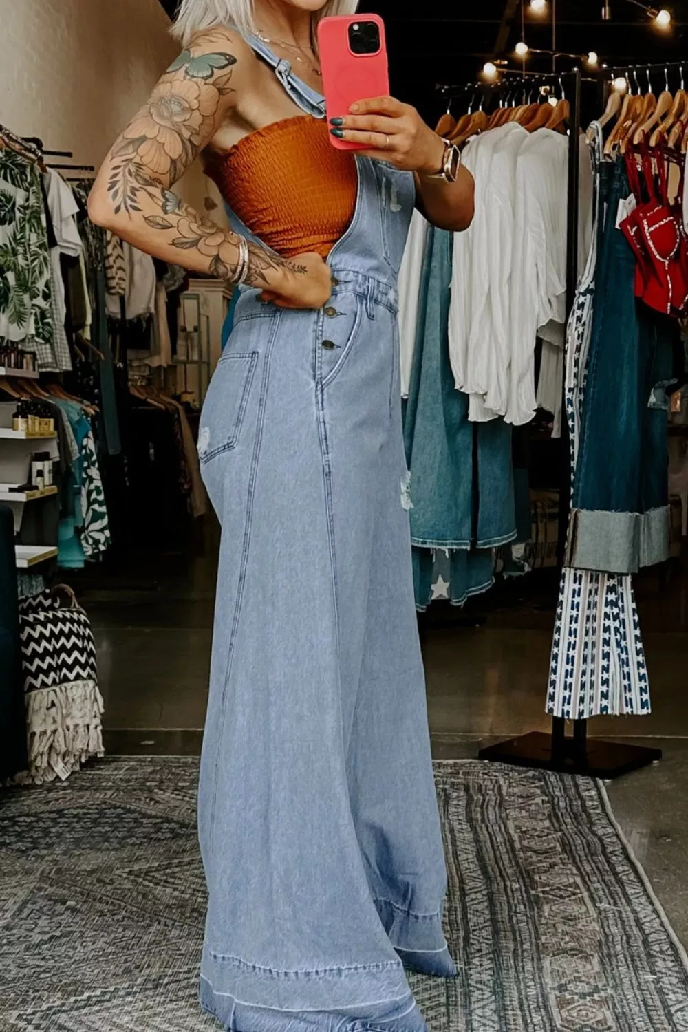 Distressed Wide Leg Denim Overalls, image 4