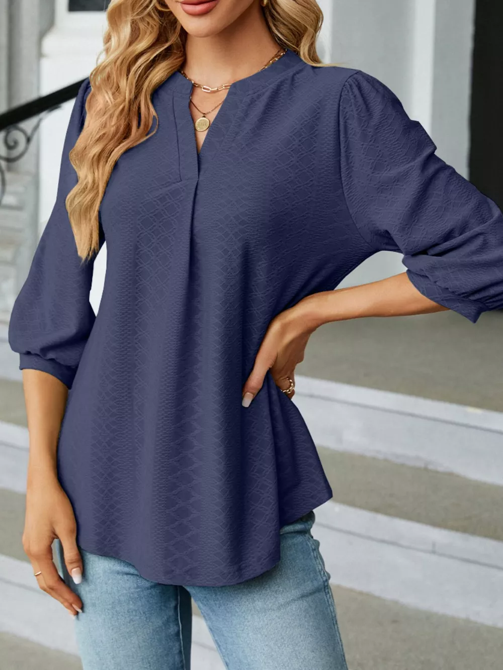 Notched 3/4 Sleeve Casual Top, image 21