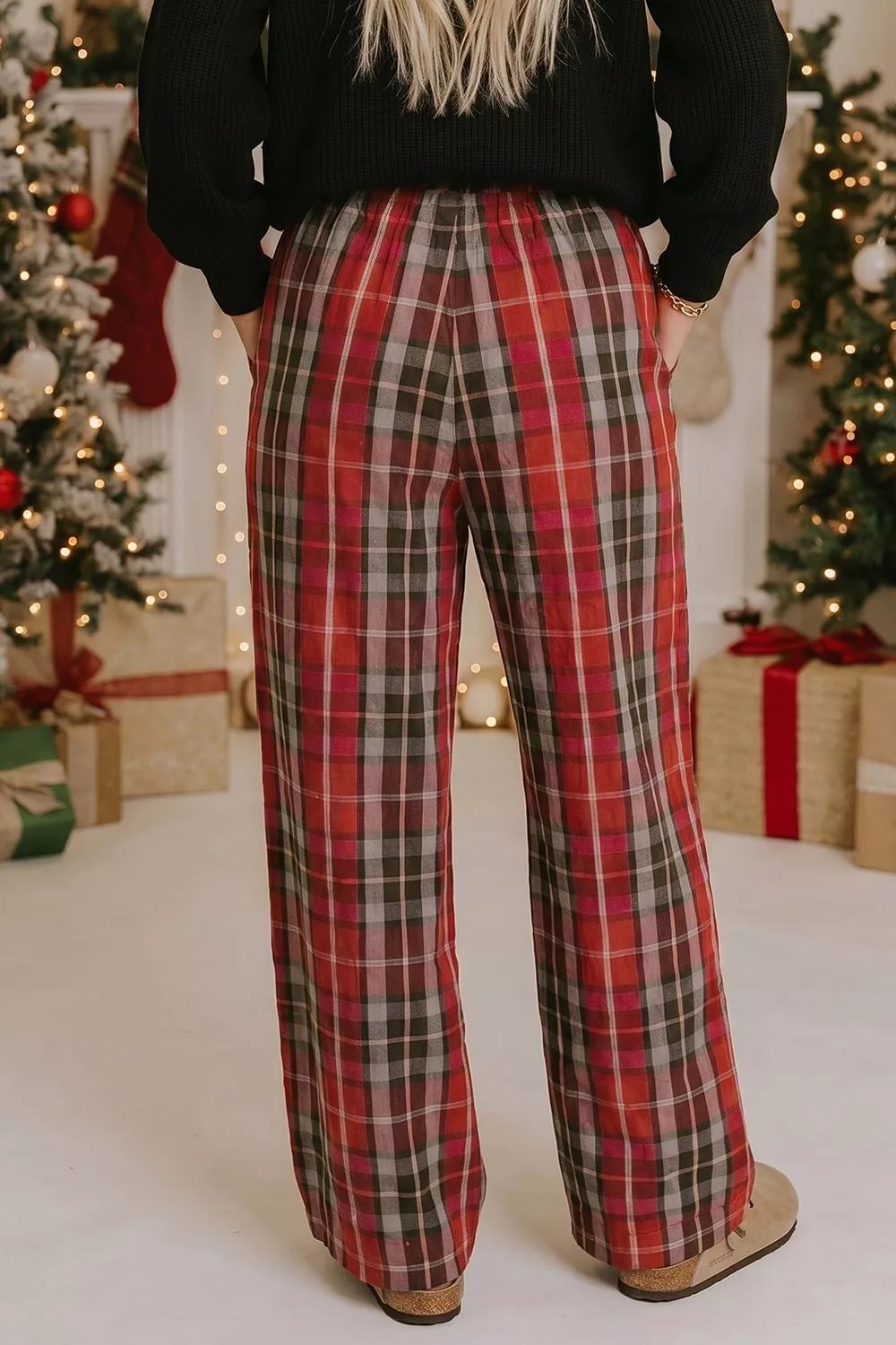 Plaid Elastic Waist Pocket Regular Full-Length Pants, image 2