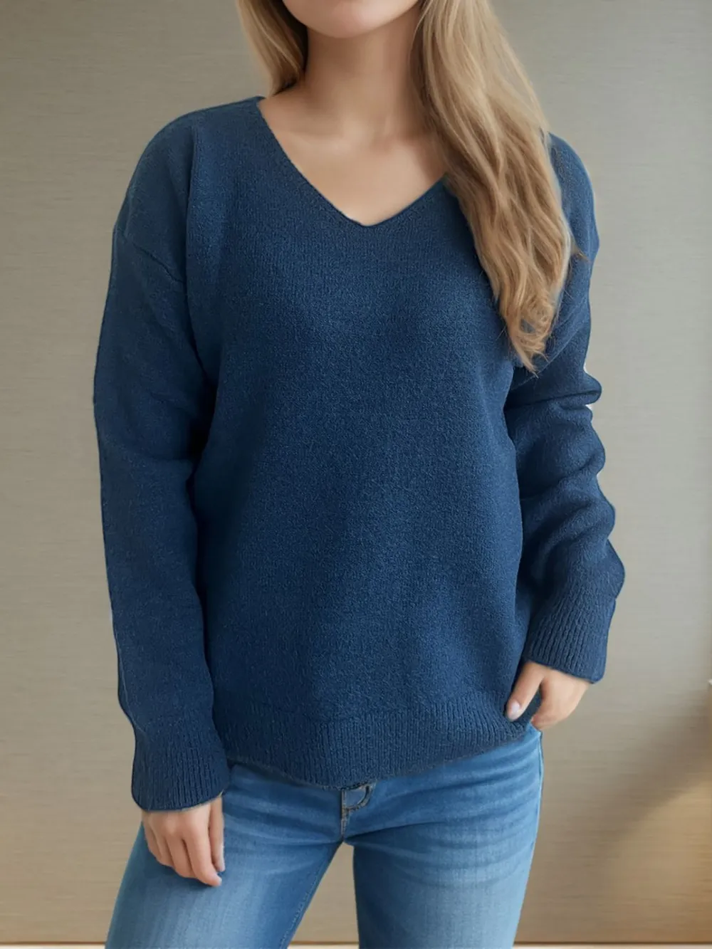 V-Neck Dropped Shoulder Long Sleeve Sweater, image 5
