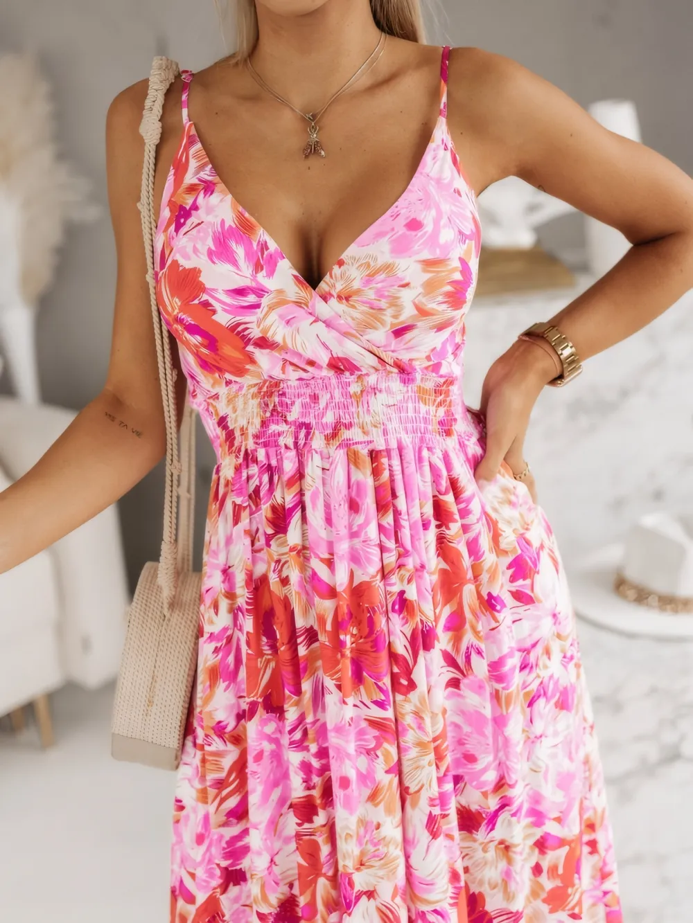 Smocked Printed Surplice Maxi Cami Dress, image 6