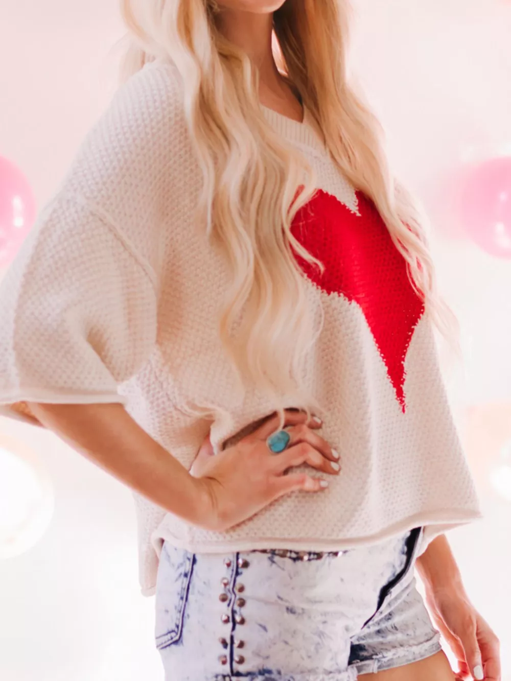 V-Neck Dropped Sleeve Heart Print Valentines Sweater, image 4