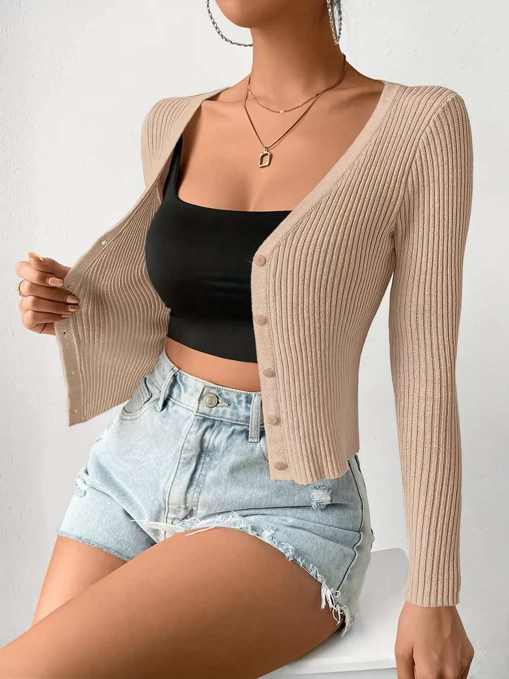 Ribbed Knit Button-Up Cardigan, image 4