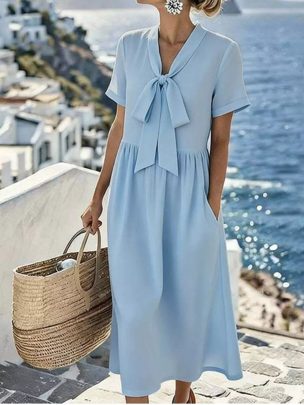 Bow-Tie Short Sleeve Midi Dress, image 2