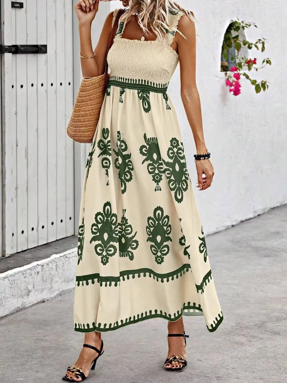 Smocked Printed Wide Strap Maxi Dress, image 21