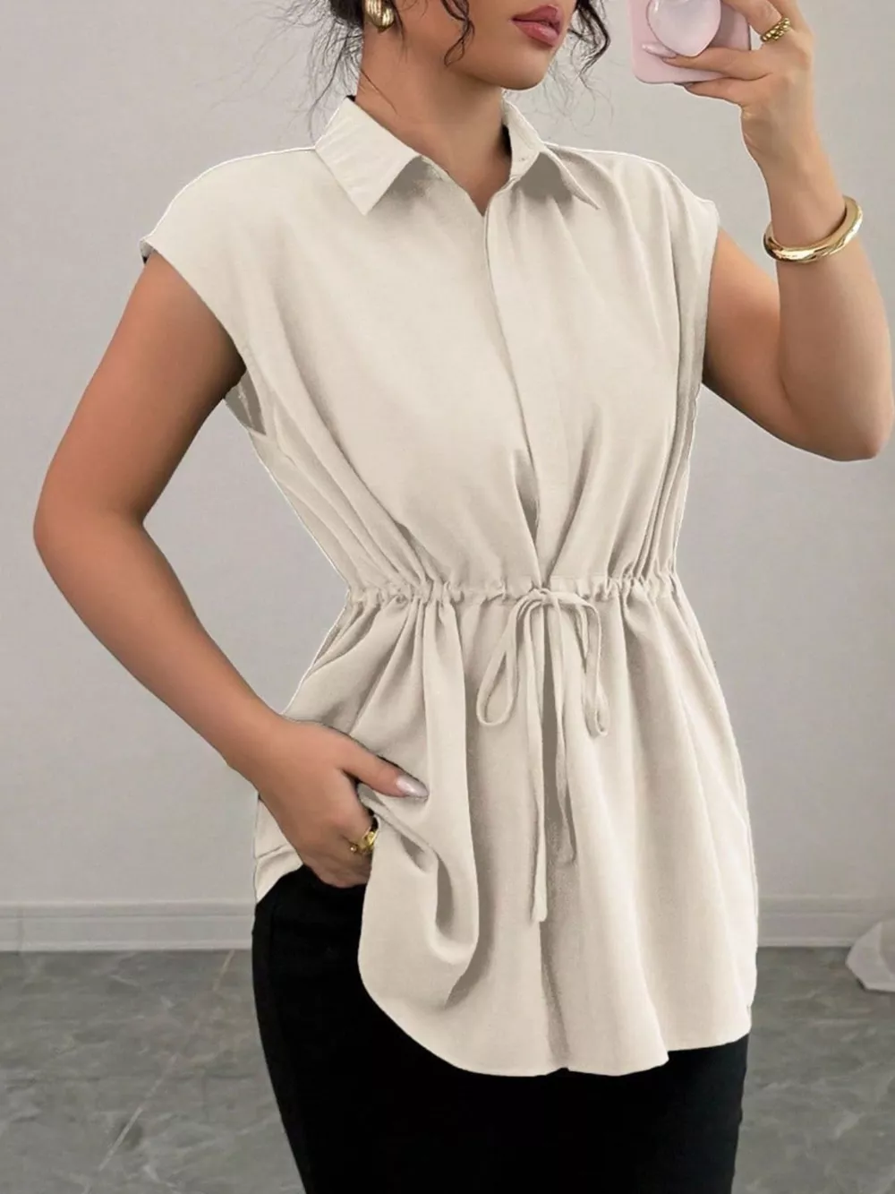 Drawstring Waist Cap Sleeve Shirt, image 22