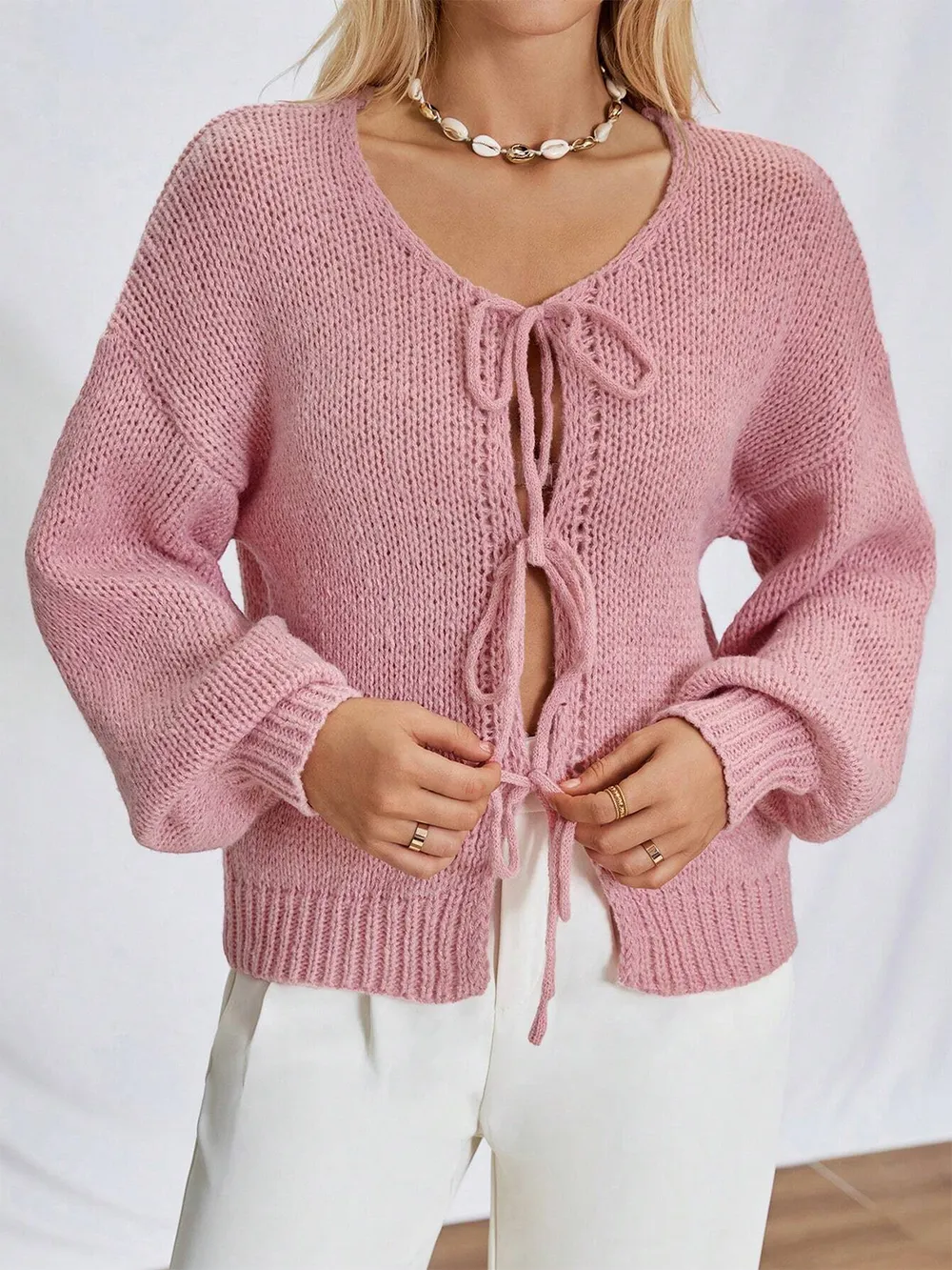 Tied Long Sleeve Dropped Shoulder Cardigan, image 5