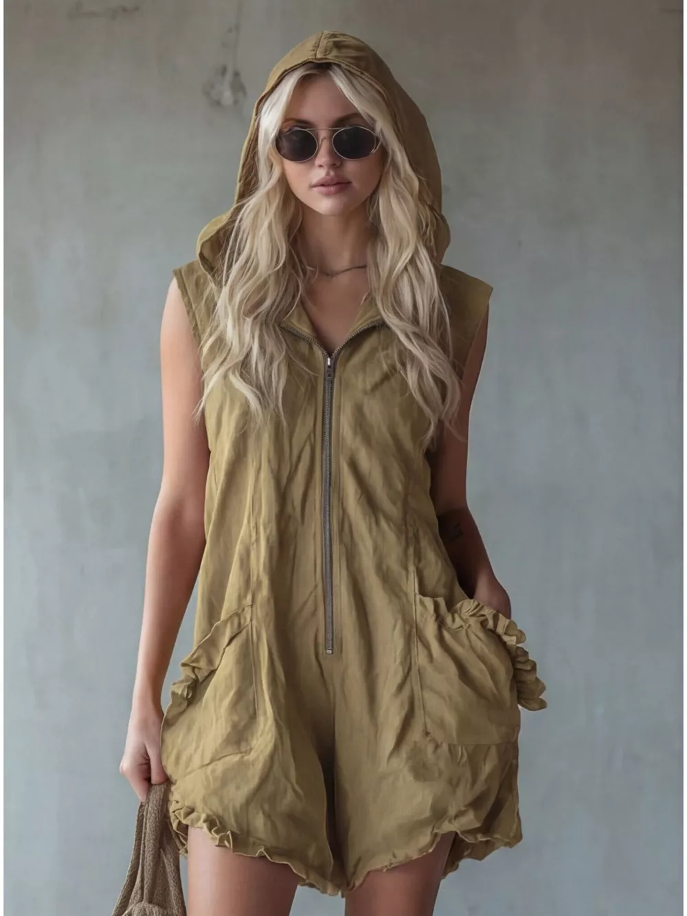 Full Size Hooded Sleeveless Zipper Romper with Ruffled Pockets Plus Size, image 3