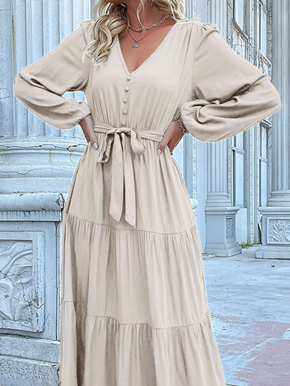 Ruffled Hem V-Neck Balloon Sleeve Dress, image 21