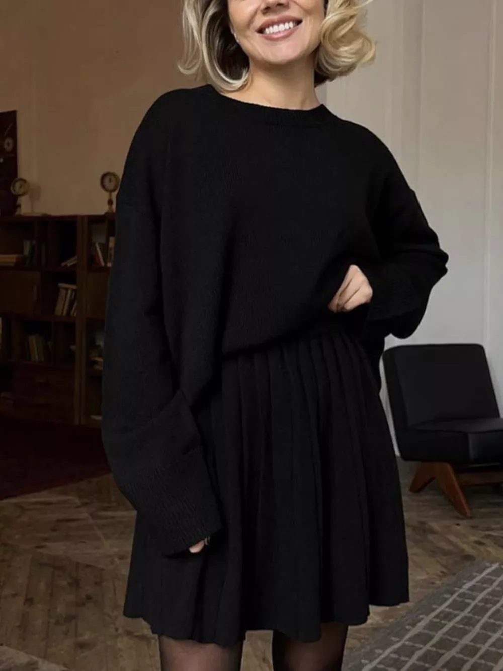 Round Neck Top and Pleated Skirt Sweater Set, image 9