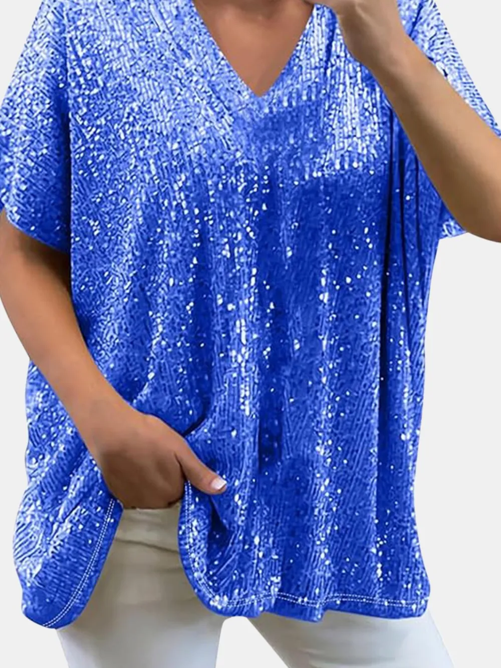 Full Size Sequin V-Neck Short Sleeve Top, image 19