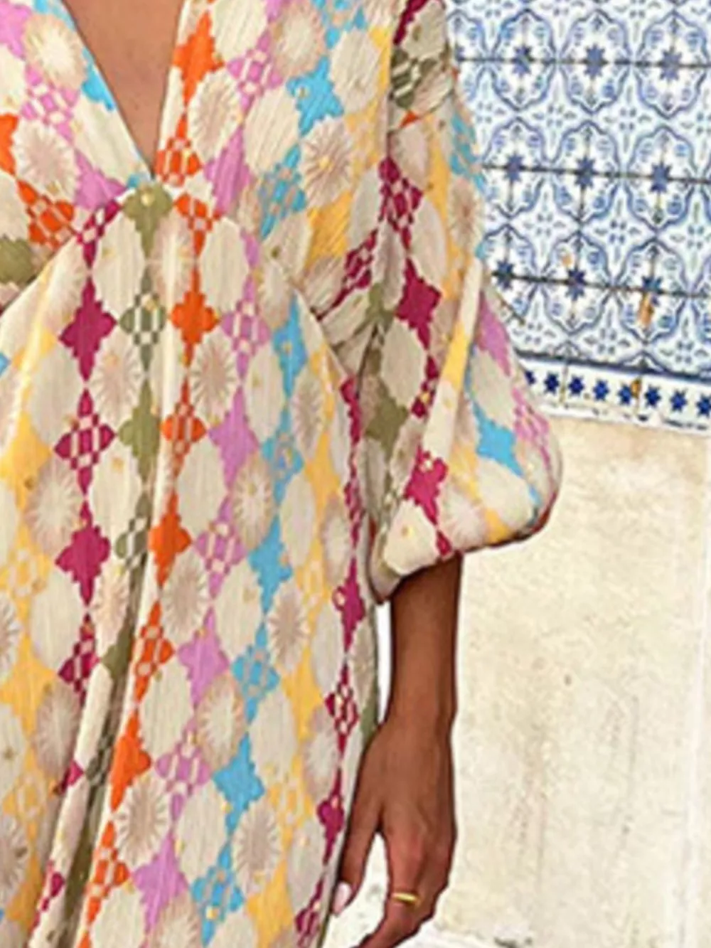 Full Size V-Neck Multi-Color Geometric Print Maxi Dress Plus Size, image 3