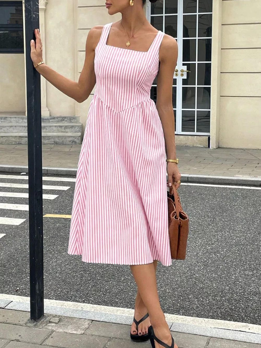 Striped Square Neck Midi Dress, image 15