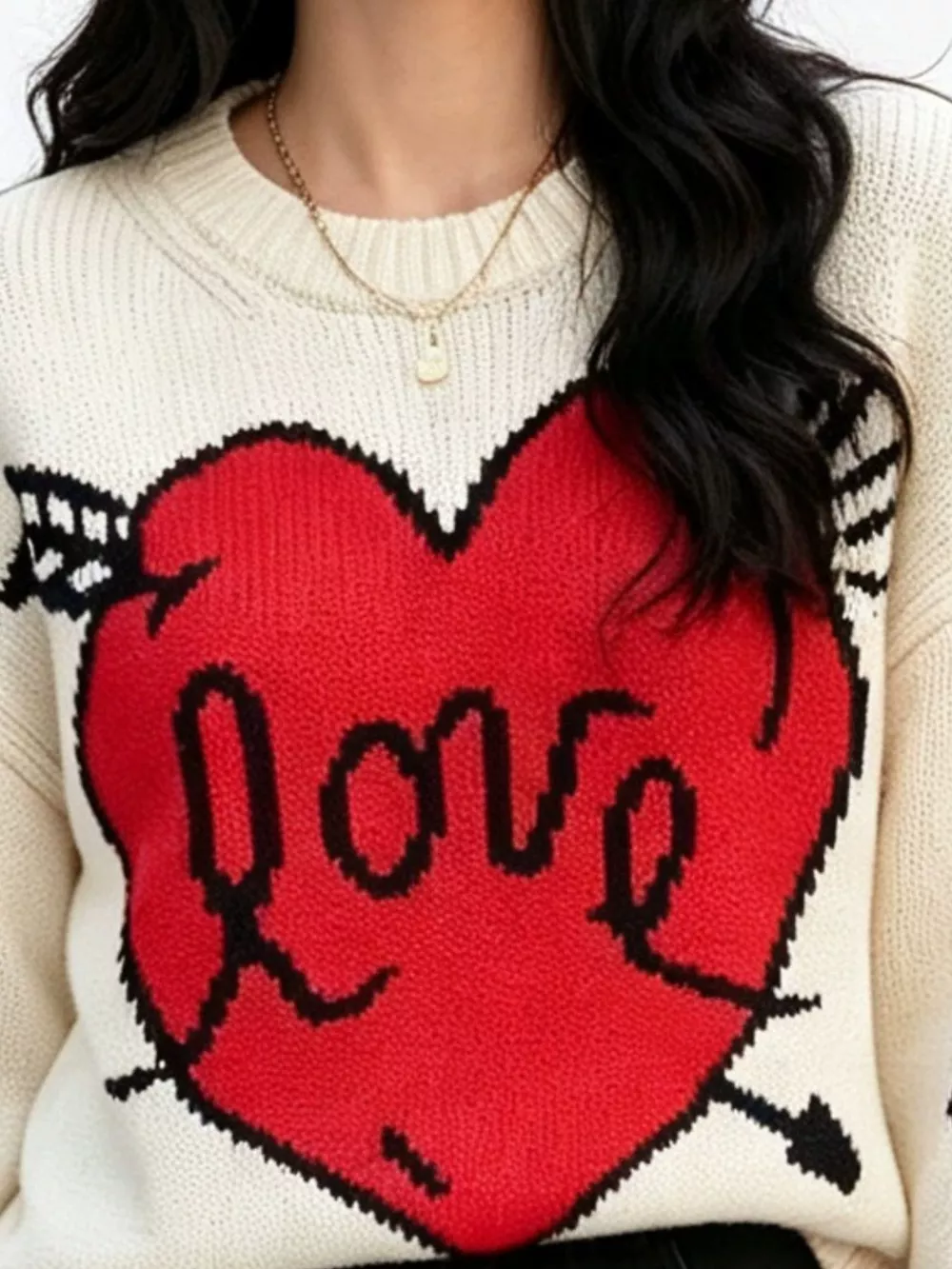 Heart Round Neck Ribbed Sweater, image 2