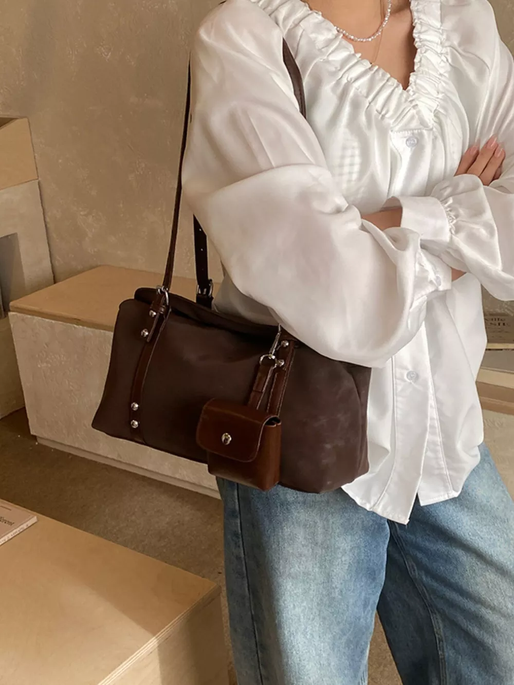 Leather Shoulder Bag with Detachable Pouch, image 2