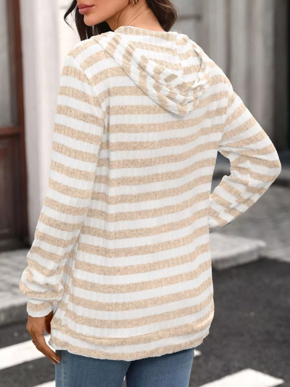 Casual Striped Ribbed Knit Hoodie with Kangaroo Pocket, image 15
