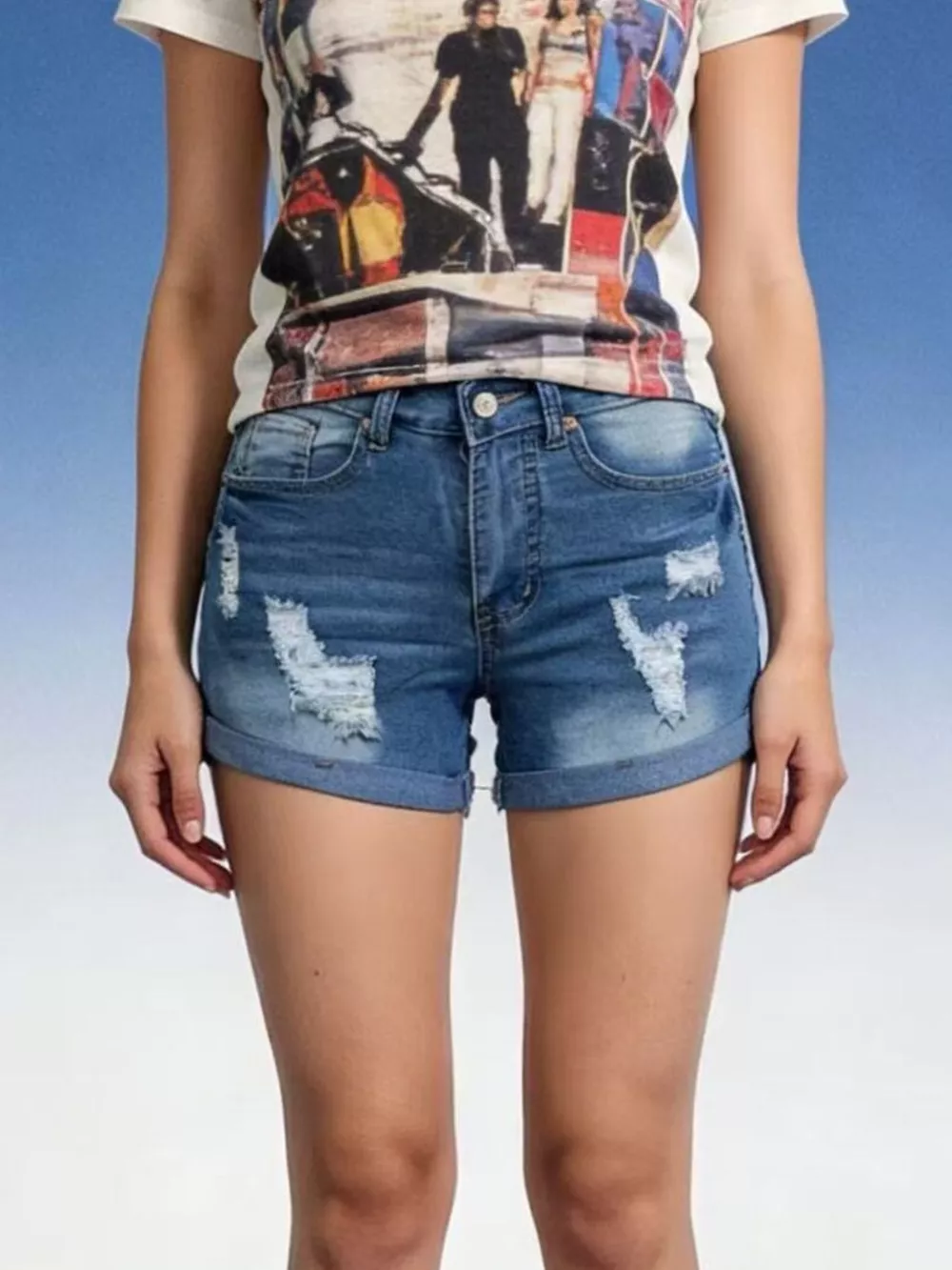 Distressed Wash Denim Shorts, image 7