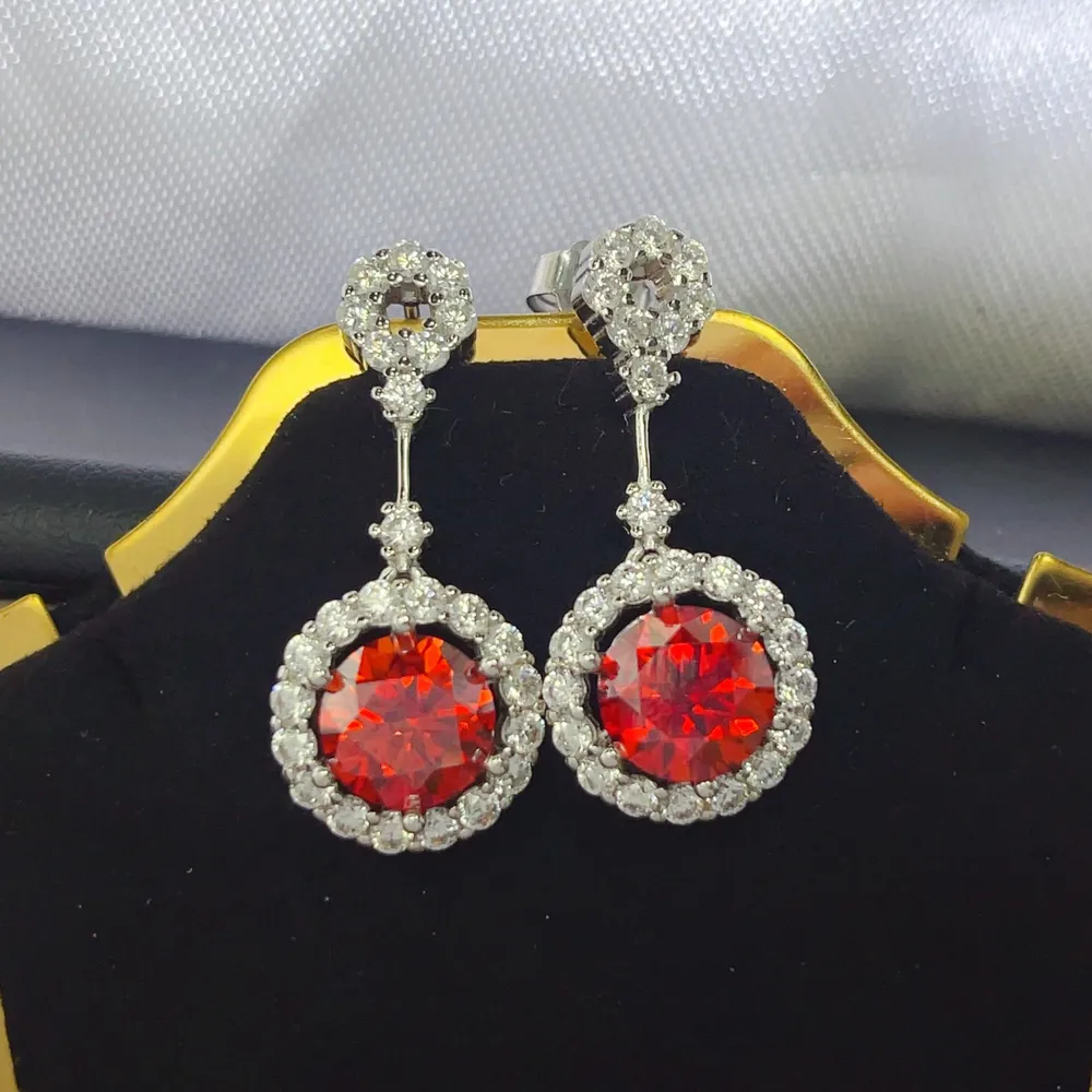 4 Carat Ruby Red Crystal Drop Earrings with Rhinestone Halo