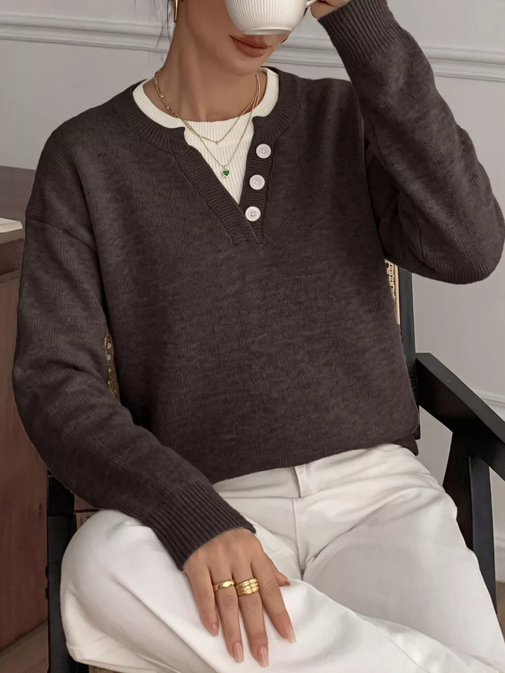 Decor Button-Placket Ribbed Knit Sweater, image 4
