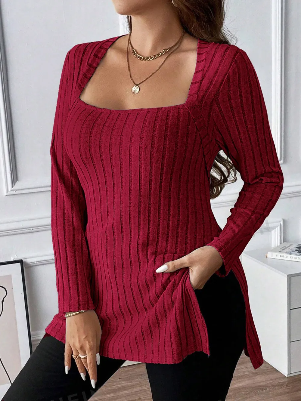 Plus Size Square Neck Long Sleeve Top, image 9
