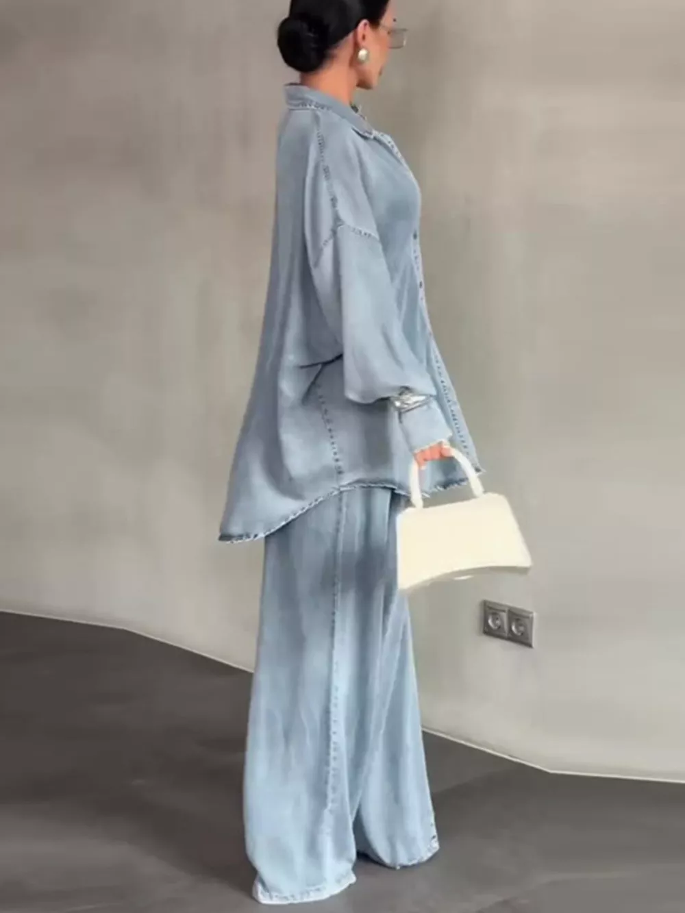 Wash Button Up Shirt and Wide-Leg Pants Denim Set, image 4
