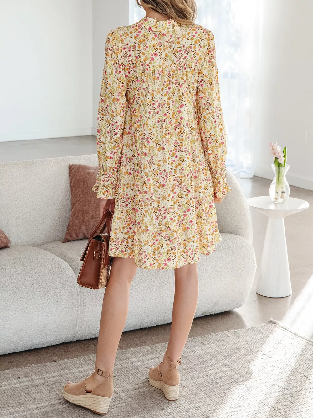 Floral Print Frilly Trim Smocked Cuff Long Sleeve Loose Shirt Dress, image 10