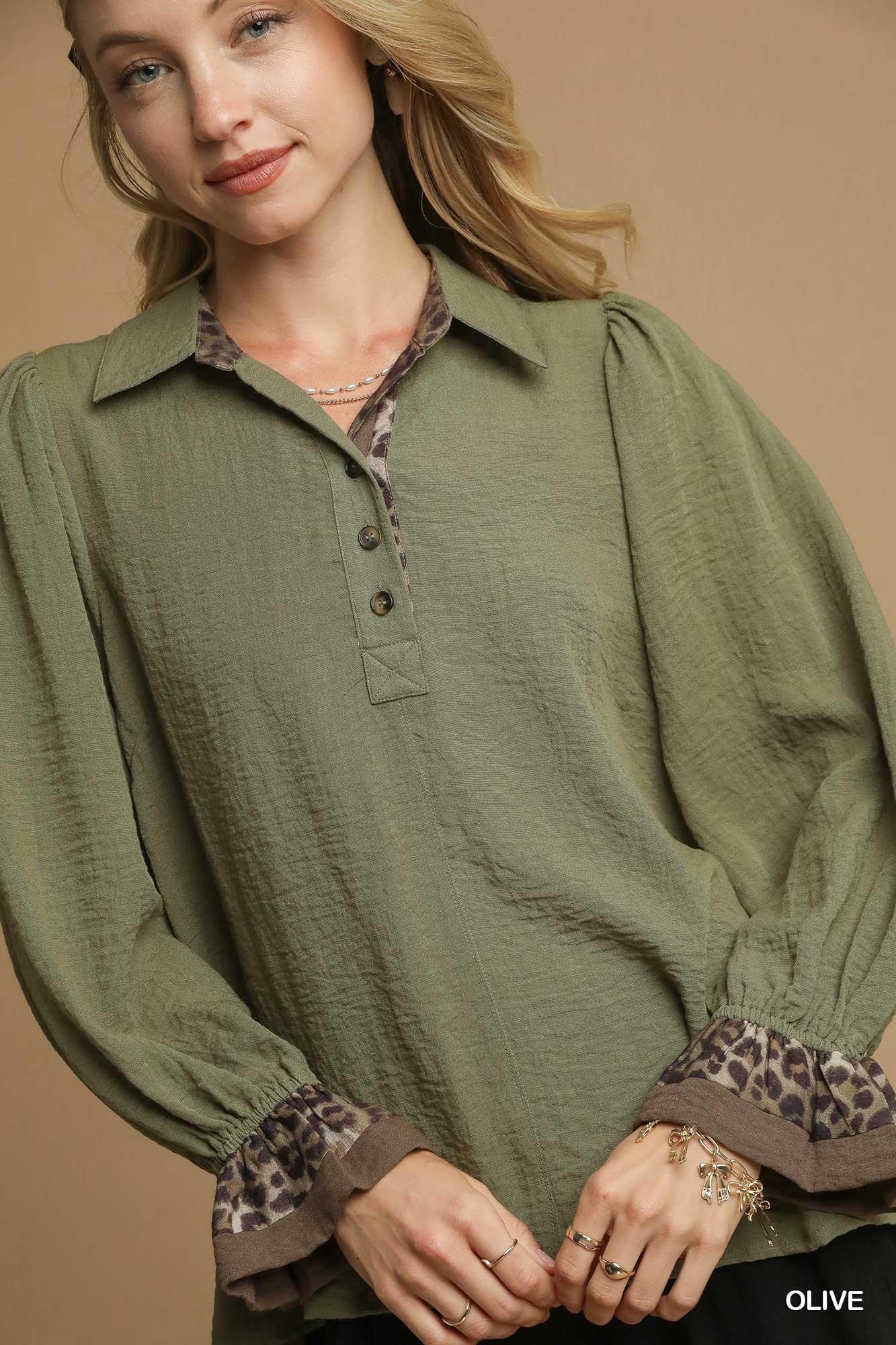 Half Button Blouse with Leopard Print Trim, image 5
