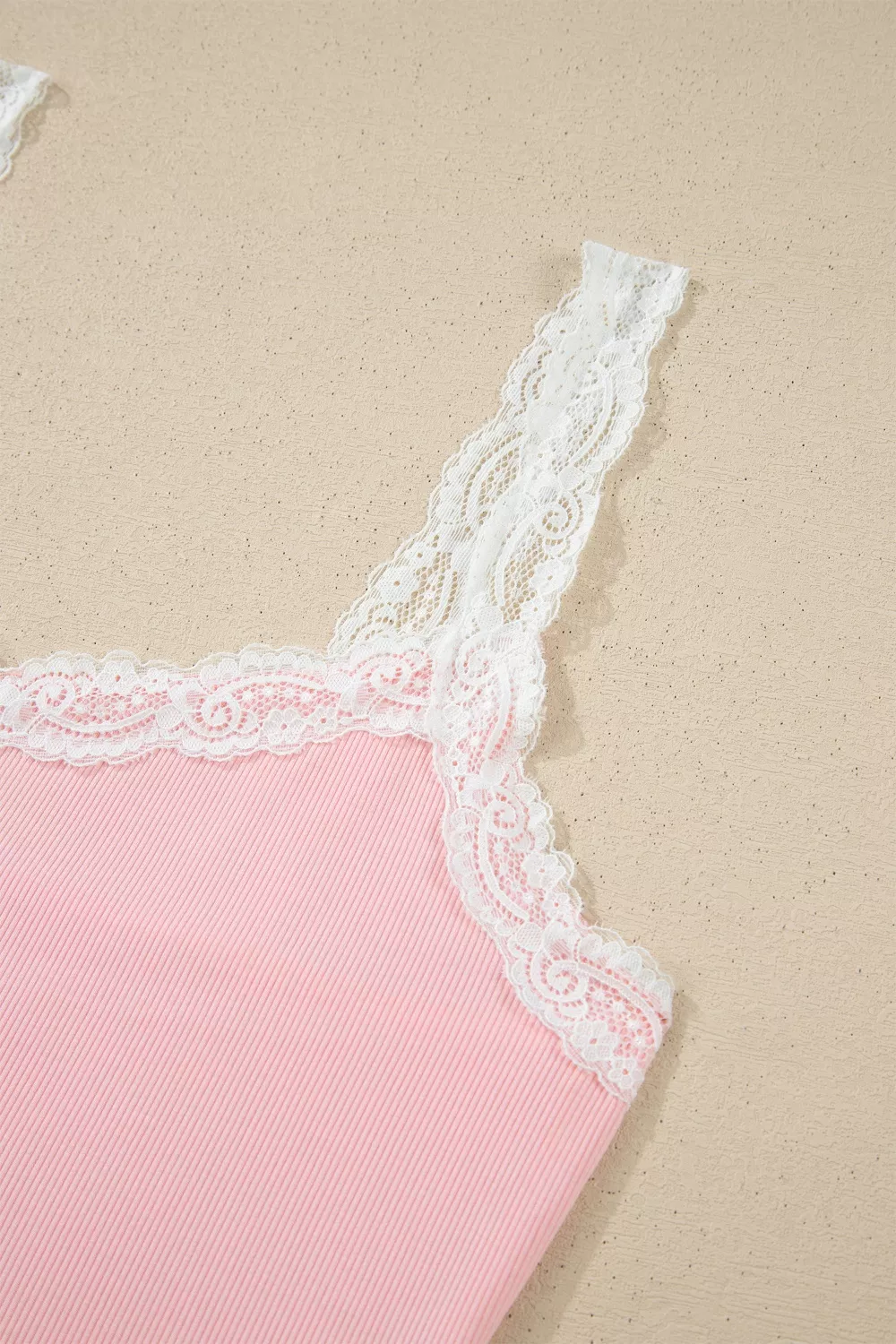 Ribbed Knit Lace Straps Patchwork Lettuce Hem Cropped Top Floral Short Lounge Set, image 7