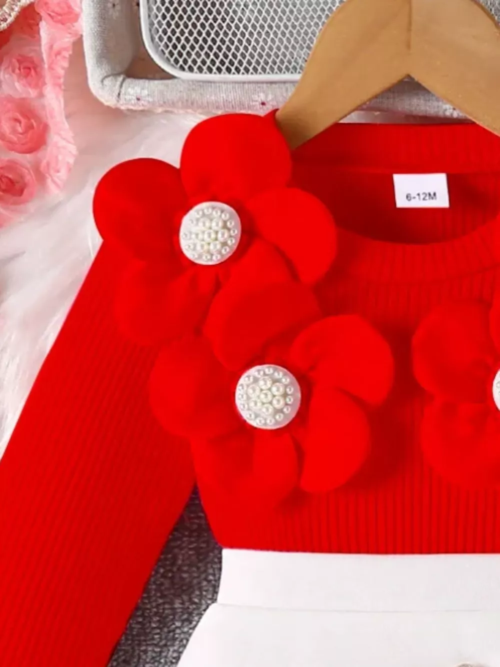 Children's Floral Applique Ribbed Top & Button Decor Skirt Set, image 7