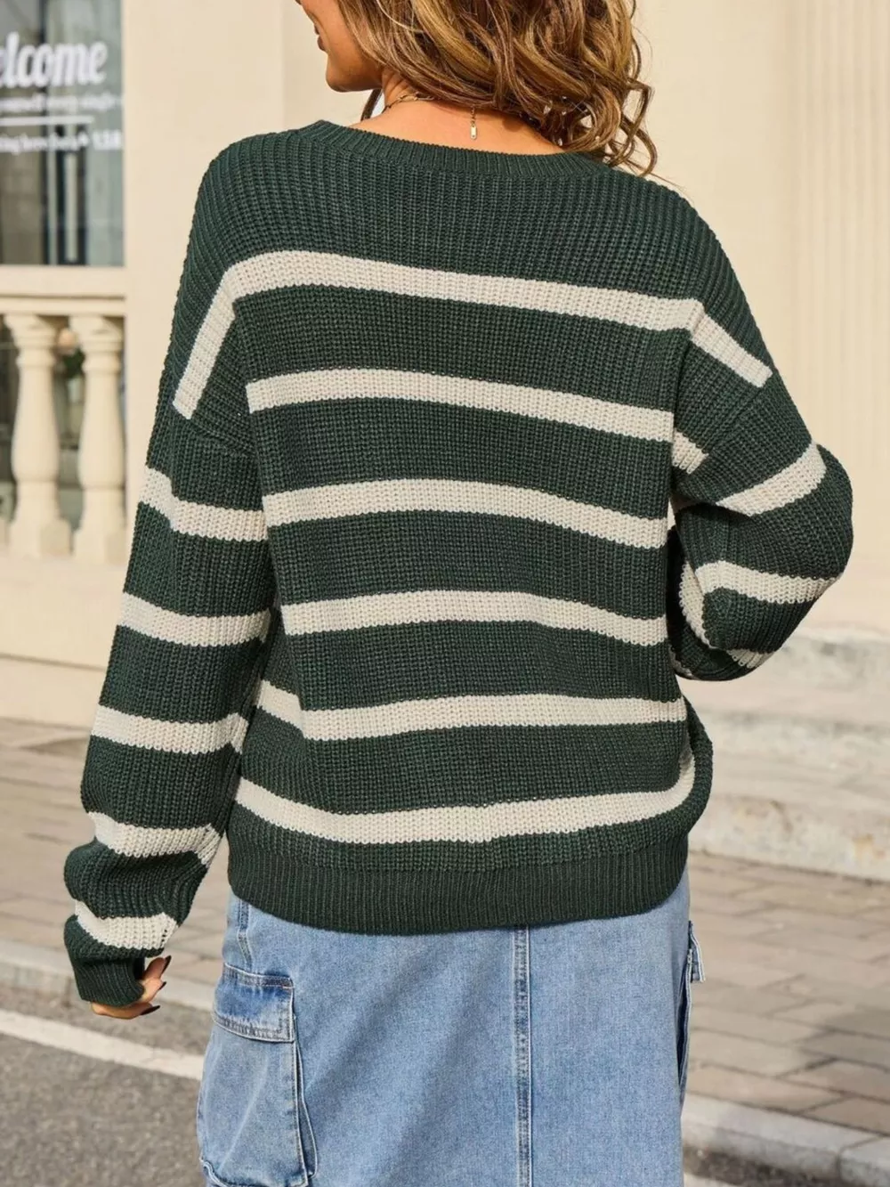 Striped Round Neck Dropped Shoulder Sweater, image 9