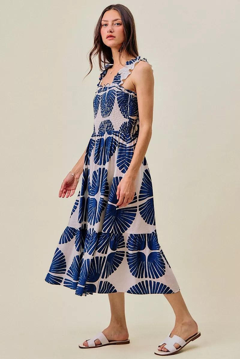 Abstract Print Smocked Bodice Tiered Lined Midi Dress, image 9