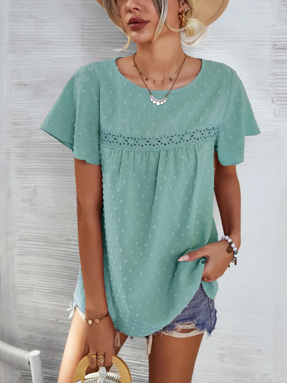 Lace Detail Round Neck Short Sleeve Blouse, image 2