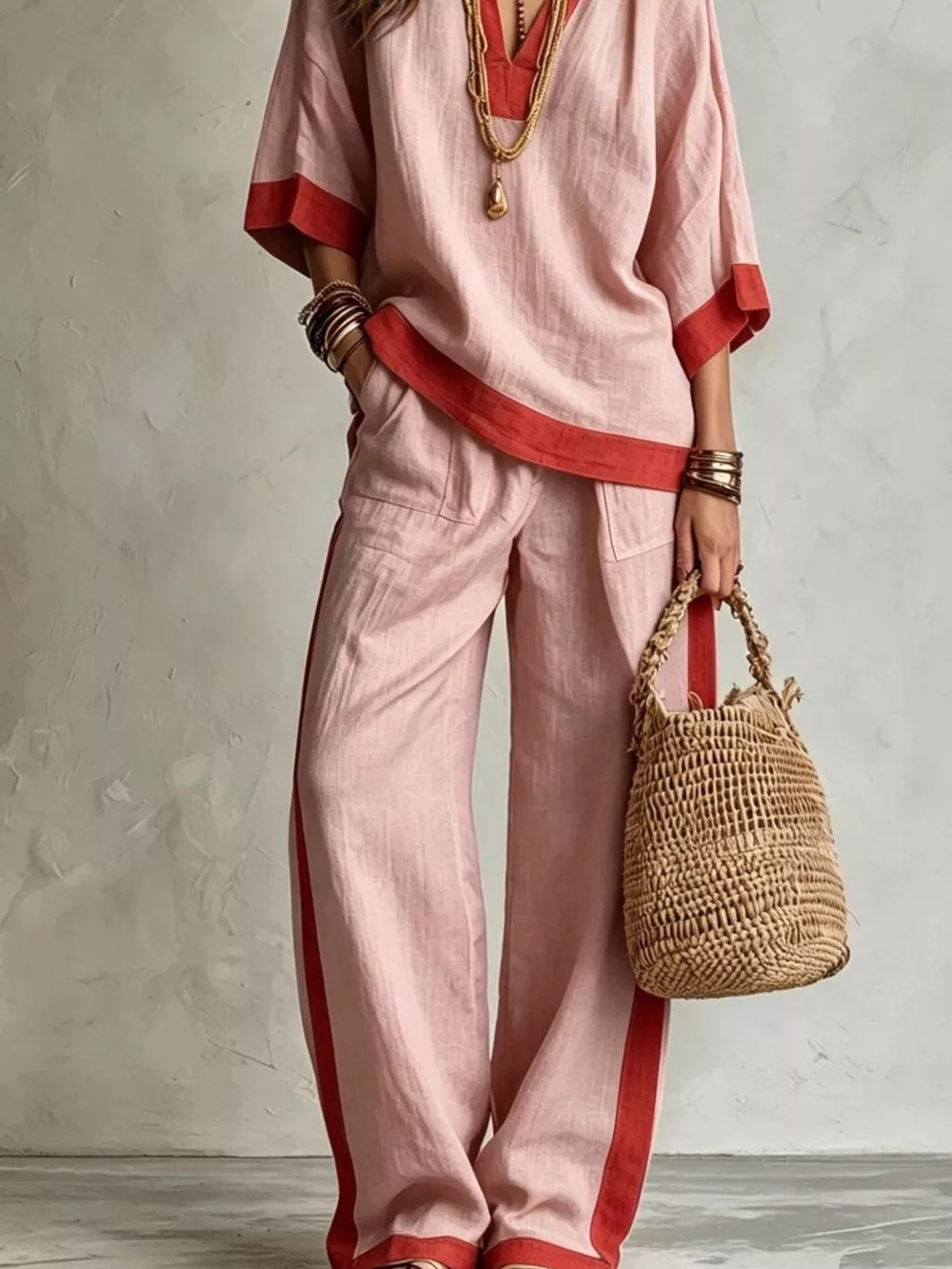 Full Size Contrast Trim Top and Wide Leg Pants Set Plus Size, image 9