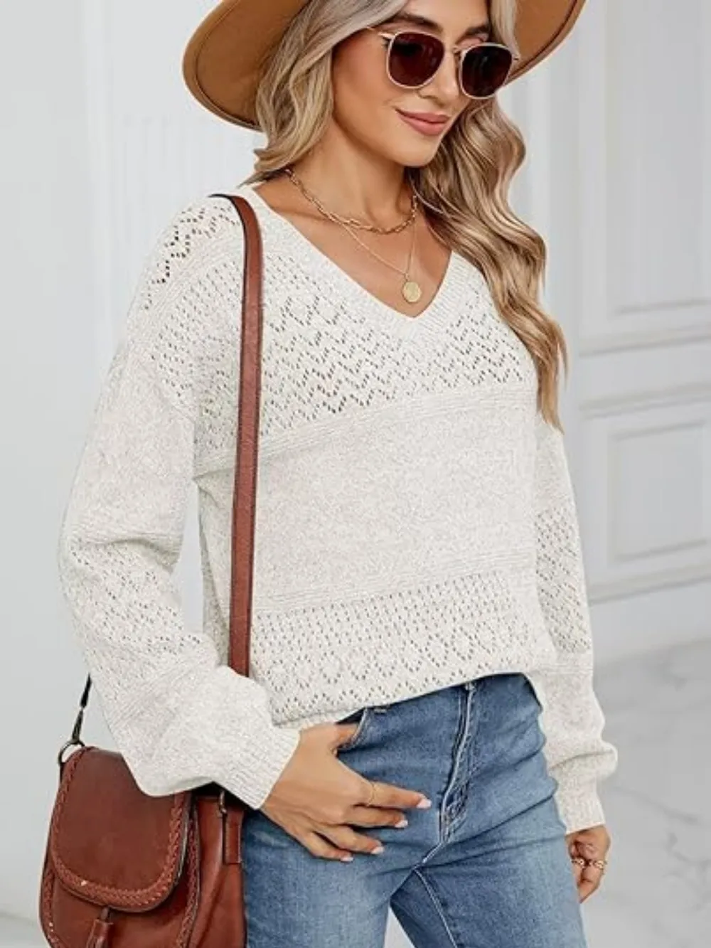 Eyelet V-Neck Long Sleeve Sweater, image 3