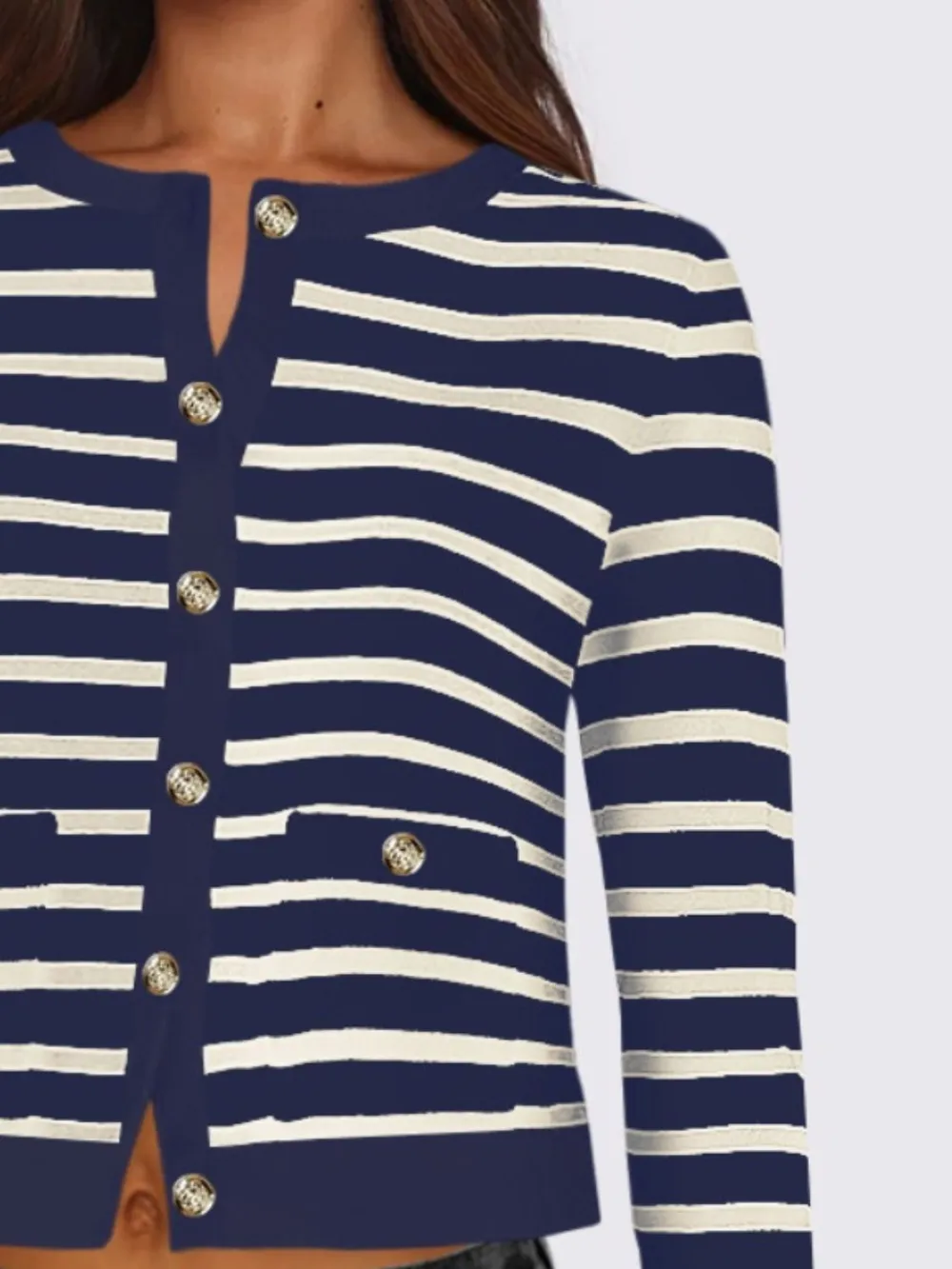 Striped Round Neck Button Up Long Sleeve Cardigan, image 10