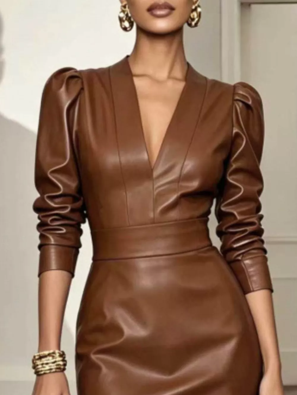 V-Neck Puff Sleeve Midi Dress, image 6