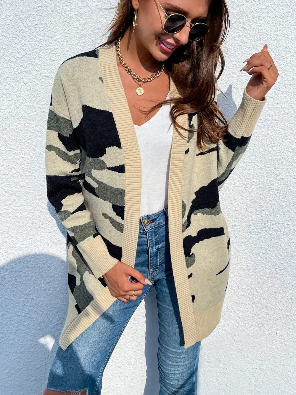 Camouflaged Dropped Shoulder Open Front Cardigan, image 3